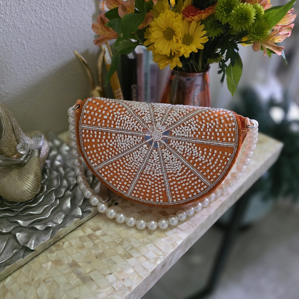 NWOT  Elegant Peachy-Orange Beaded Clutch with Pearl Strap